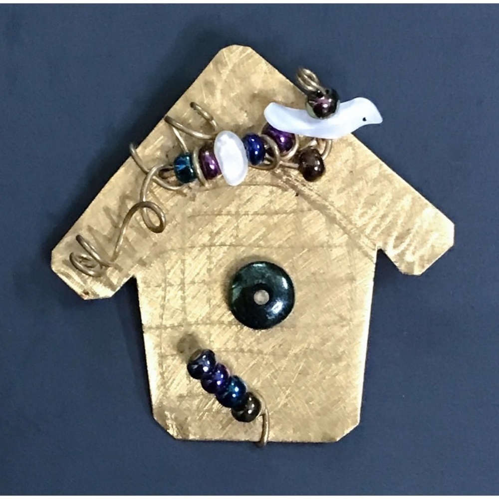 Birdhouse Metal Beaded Brooch Pin Handmade Whimsical Steampunk Art To Wear Fun - Picture 1 of 3